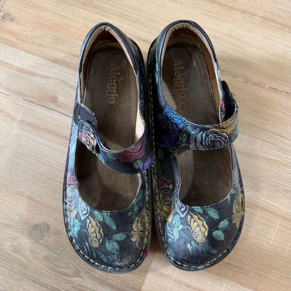 Alegria Paloma Mary Jane Black Leather Flats Sz 40/W 9 Rocker Outsole Whimsygoth - Picture 2 of 9